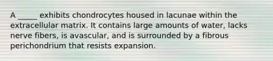 A _____ exhibits chondrocytes housed in lacunae within the extracellular matrix. It contains large amounts of water, lacks nerve fibers, is avascular, and is surrounded by a fibrous perichondrium that resists expansion.