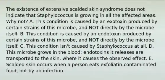 The existence of extensive scalded skin syndrome does not indicate that Staphylococcus is growing in all the affected areas. Why not? A. This condition is caused by an exotoxin produced by certain strains of this microbe, and NOT directly by the microbe itself. B. This condition is caused by an endotoxin produced by certain strains of this microbe, and NOT directly by the microbe itself. C. This condition isn't caused by Staphylococcus at all. D. This microbe grows in the blood; endotoxins it releases are transported to the skin, where it causes the observed effect. E. Scalded skin occurs when a person eats exfoliatin-contaminated food, not by an infection.