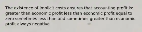 The existence of implicit costs ensures that accounting profit is: greater than economic profit less than economic profit equal to zero sometimes less than and sometimes greater than economic profit always negative