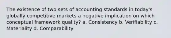 The existence of two sets of accounting standards in today's globally competitive markets a negative implication on which conceptual framework quality? a. Consistency b. Verifiability c. Materiality d. Comparability