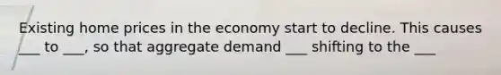 Existing home prices in the economy start to decline. This causes ___ to ___, so that aggregate demand ___ shifting to the ___