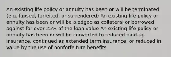 An existing life policy or annuity has been or will be terminated (e.g. lapsed, forfeited, or surrendered) An existing life policy or annuity has been or will be pledged as collateral or borrowed against for over 25% of the loan value An existing life policy or annuity has been or will be converted to reduced paid-up insurance, continued as extended term insurance, or reduced in value by the use of nonforfeiture benefits