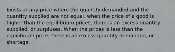 Exists ar any price where the quantity demanded and the quantity supplied are not equal. when the price of a good is higher than the equilibrium prices, there is an excess quantity supplied, or surpluses. When the prices is <a href='https://www.questionai.com/knowledge/k7BtlYpAMX-less-than' class='anchor-knowledge'>less than</a> the equilibrium price, there is an excess quantity demanded, or shortage.