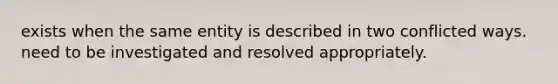 exists when the same entity is described in two conflicted ways. need to be investigated and resolved appropriately.