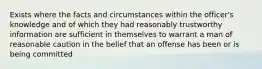 Exists where the facts and circumstances within the officer's knowledge and of which they had reasonably trustworthy information are sufficient in themselves to warrant a man of reasonable caution in the belief that an offense has been or is being committed