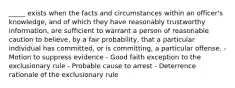 _____ exists when the facts and circumstances within an officer's knowledge, and of which they have reasonably trustworthy information, are sufficient to warrant a person of reasonable caution to believe, by a fair probability, that a particular individual has committed, or is committing, a particular offense. - Motion to suppress evidence - Good faith exception to the exclusionary rule - Probable cause to arrest - Deterrence rationale of the exclusionary rule