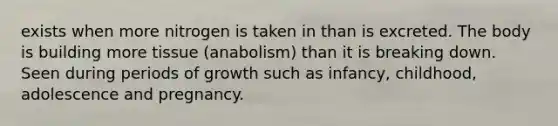 exists when more nitrogen is taken in than is excreted. The body is building more tissue (anabolism) than it is breaking down. Seen during periods of growth such as infancy, childhood, adolescence and pregnancy.