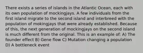 There exists a series of islands in the Atlantic Ocean, each with its own population of mockingjays. A few individuals from the first island migrate to the second island and interbreed with the population of mokingjays that were already established. Because of this, the next generation of mockingjays on the second island is much different from the original. This is an example of: A) The founder effect B) Gene flow C) Mutation changing a population D) A bottleneck event