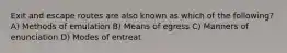 Exit and escape routes are also known as which of the following? A) Methods of emulation B) Means of egress C) Manners of enunciation D) Modes of entreat