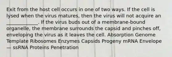 Exit from the host cell occurs in one of two ways. If the cell is lysed when the virus matures, then the virus will not acquire an _____________. If the virus buds out of a membrane-bound organelle, the membrane surrounds the capsid and pinches off, enveloping the virus as it leaves the cell. Absorption Genome Template Ribosomes Enzymes Capsids Progeny mRNA Envelope — ssRNA Proteins Penetration