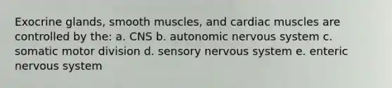 Exocrine glands, smooth muscles, and cardiac muscles are controlled by the: a. CNS b. autonomic nervous system c. somatic motor division d. sensory nervous system e. enteric nervous system