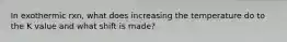 In exothermic rxn, what does increasing the temperature do to the K value and what shift is made?