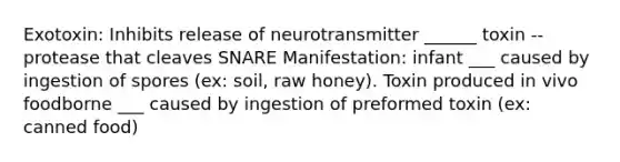 Exotoxin: Inhibits release of neurotransmitter ______ toxin -- protease that cleaves SNARE Manifestation: infant ___ caused by ingestion of spores (ex: soil, raw honey). Toxin produced in vivo foodborne ___ caused by ingestion of preformed toxin (ex: canned food)