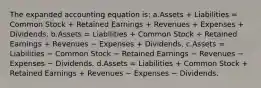 The expanded accounting equation is: a.Assets + Liabilities = Common Stock + Retained Earnings + Revenues + Expenses + Dividends. b.Assets = Liabilities + Common Stock + Retained Earnings + Revenues − Expenses + Dividends. c.Assets = Liabilities − Common Stock − Retained Earnings − Revenues − Expenses − Dividends. d.Assets = Liabilities + Common Stock + Retained Earnings + Revenues − Expenses − Dividends.