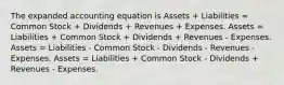 The expanded accounting equation is Assets + Liabilities = Common Stock + Dividends + Revenues + Expenses. Assets = Liabilities + Common Stock + Dividends + Revenues - Expenses. Assets = Liabilities - Common Stock - Dividends - Revenues - Expenses. Assets = Liabilities + Common Stock - Dividends + Revenues - Expenses.