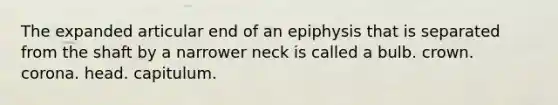 The expanded articular end of an epiphysis that is separated from the shaft by a narrower neck is called a bulb. crown. corona. head. capitulum.