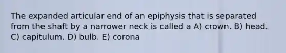 The expanded articular end of an epiphysis that is separated from the shaft by a narrower neck is called a A) crown. B) head. C) capitulum. D) bulb. E) corona