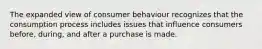 The expanded view of consumer behaviour recognizes that the consumption process includes issues that influence consumers before, during, and after a purchase is made.