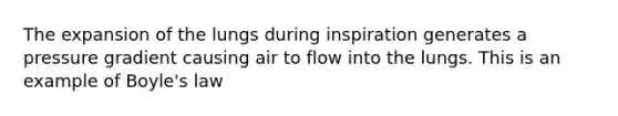 The expansion of the lungs during inspiration generates a pressure gradient causing air to flow into the lungs. This is an example of <a href='https://www.questionai.com/knowledge/kdvBalZ1bx-boyles-law' class='anchor-knowledge'>boyle's law</a>