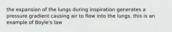 the expansion of the lungs during inspiration generates a pressure gradient causing air to flow into the lungs. this is an example of <a href='https://www.questionai.com/knowledge/kdvBalZ1bx-boyles-law' class='anchor-knowledge'>boyle's law</a>