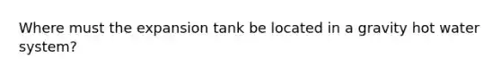 Where must the expansion tank be located in a gravity hot water system?