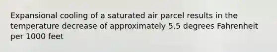 Expansional cooling of a saturated air parcel results in the temperature decrease of approximately 5.5 degrees Fahrenheit per 1000 feet