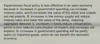 Expansionary fiscal policy is less effective in an open economy because A. increases in government spending can increase interest​ rates, which increases the value of the dollar and crowds out net exports. B. increases in the money supply will reduce interest rates and lower the value of the​ dollar, reducing aggregate demand. C. increases in taxes reduce​ consumption, which in turn reduces consumption of imports and increases net exports. D. increases in government spending will be partly spent on imported​ goods, which do not benefit the domestic economy.