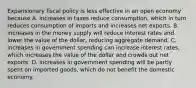 Expansionary fiscal policy is less effective in an open economy because A. increases in taxes reduce​ consumption, which in turn reduces consumption of imports and increases net exports. B. increases in the money supply will reduce interest rates and lower the value of the​ dollar, reducing aggregate demand. C. increases in government spending can increase interest​ rates, which increases the value of the dollar and crowds out net exports. D. increases in government spending will be partly spent on imported​ goods, which do not benefit the domestic economy.