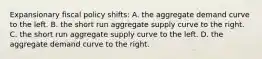 Expansionary fiscal policy shifts: A. the aggregate demand curve to the left. B. the short run aggregate supply curve to the right. C. the short run aggregate supply curve to the left. D. the aggregate demand curve to the right.