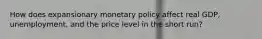 How does expansionary monetary policy affect real GDP, unemployment, and the price level in the short run?