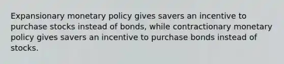 Expansionary monetary policy gives savers an incentive to purchase stocks instead of bonds, while contractionary monetary policy gives savers an incentive to purchase bonds instead of stocks.