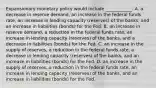 Expansionary monetary policy would include​ ____________. A. a decrease in reserve​ demand, an increase in the federal funds​ rate, an increase in lending capacity​ (reserves) of the​ banks, and an increase in liabilities​ (bonds) for the Fed. B. an increase in reserve​ demand, a reduction in the federal funds​ rate, an increase in lending capacity​ (reserves) of the​ banks, and a decrease in liabilities​ (bonds) for the Fed. C. an increase in the supply of​ reserves, a reduction in the federal funds​ rate, a decrease in lending capacity​ (reserves) of the​ banks, and an increase in liabilities​ (bonds) for the Fed. D. an increase in the supply of​ reserves, a reduction in the federal funds​ rate, an increase in lending capacity​ (reserves) of the​ banks, and an increase in liabilities​ (bonds) for the Fed.