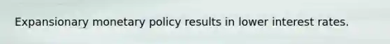 Expansionary <a href='https://www.questionai.com/knowledge/kEE0G7Llsx-monetary-policy' class='anchor-knowledge'>monetary policy</a> results in lower interest rates.