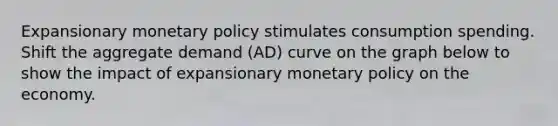 Expansionary monetary policy stimulates consumption spending. Shift the aggregate demand (AD) curve on the graph below to show the impact of expansionary monetary policy on the economy.