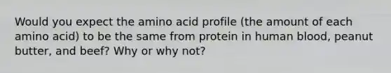 Would you expect the amino acid profile (the amount of each amino acid) to be the same from protein in human blood, peanut butter, and beef? Why or why not?