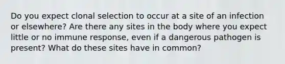 Do you expect clonal selection to occur at a site of an infection or elsewhere? Are there any sites in the body where you expect little or no immune response, even if a dangerous pathogen is present? What do these sites have in common?