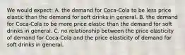 We would expect: A. the demand for Coca-Cola to be less price elastic than the demand for soft drinks in general. B. the demand for Coca-Cola to be more price elastic than the demand for soft drinks in general. C. no relationship between the price elasticity of demand for Coca-Cola and the price elasticity of demand for soft drinks in general.