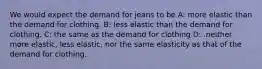 We would expect the demand for jeans to be A: more elastic than the demand for clothing. B: less elastic than the demand for clothing. C: the same as the demand for clothing D: .neither more elastic, less elastic, nor the same elasticity as that of the demand for clothing.