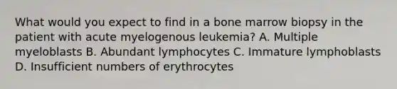 What would you expect to find in a bone marrow biopsy in the patient with acute myelogenous leukemia? A. Multiple myeloblasts B. Abundant lymphocytes C. Immature lymphoblasts D. Insufficient numbers of erythrocytes