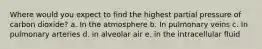 Where would you expect to find the highest partial pressure of carbon dioxide? a. In the atmosphere b. In pulmonary veins c. In pulmonary arteries d. in alveolar air e. in the intracellular fluid