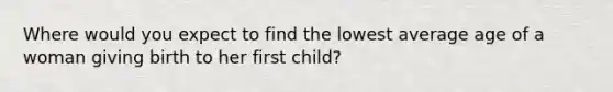 Where would you expect to find the lowest average age of a woman giving birth to her first child?