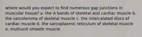 where would you expect to find numerous gap junctions in muscular tissue? a. the A bands of skeletal and cardiac muscle b. the sarcolemma of skeletal muscle c. the intercalated discs of cardiac muscle d. the sarcoplasmic reticulum of skeletal muscle e. multiunit smooth muscle