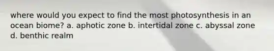 where would you expect to find the most photosynthesis in an ocean biome? a. aphotic zone b. intertidal zone c. abyssal zone d. benthic realm