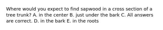 Where would you expect to find sapwood in a cross section of a tree trunk? A. in the center B. just under the bark C. All answers are correct. D. in the bark E. in the roots