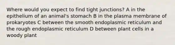 Where would you expect to find tight junctions? A in the epithelium of an animal's stomach B in the plasma membrane of prokaryotes C between the smooth endoplasmic reticulum and the rough endoplasmic reticulum D between plant cells in a woody plant