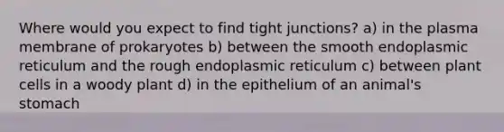 Where would you expect to find tight junctions? a) in the plasma membrane of prokaryotes b) between the smooth endoplasmic reticulum and the rough endoplasmic reticulum c) between plant cells in a woody plant d) in the epithelium of an animal's stomach