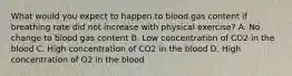 What would you expect to happen to blood gas content if breathing rate did not increase with physical exercise? A. No change to blood gas content B. Low concentration of CO2 in the blood C. High concentration of CO2 in the blood D. High concentration of O2 in the blood