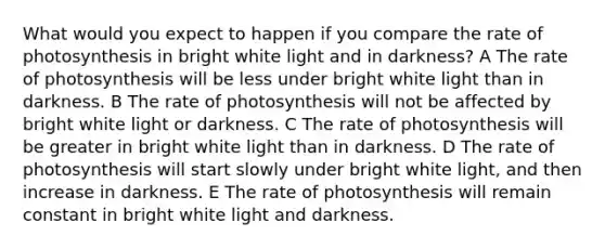 What would you expect to happen if you compare the rate of photosynthesis in bright white light and in darkness? A The rate of photosynthesis will be less under bright white light than in darkness. B The rate of photosynthesis will not be affected by bright white light or darkness. C The rate of photosynthesis will be greater in bright white light than in darkness. D The rate of photosynthesis will start slowly under bright white light, and then increase in darkness. E The rate of photosynthesis will remain constant in bright white light and darkness.