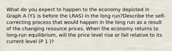 What do you expect to happen to the economy depicted in Graph A (Y1 is before the LRAS) in the long run?Describe the self-correcting process that would happen in the long run as a result of the changing resource prices. When the economy returns to long-run equilibrium, will the price level rise or fall relative to its current level (P 1 )?