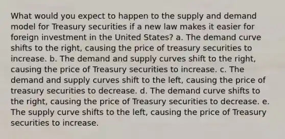 What would you expect to happen to the supply and demand model for Treasury securities if a new law makes it easier for foreign investment in the United States? a. The demand curve shifts to the right, causing the price of treasury securities to increase. b. The demand and supply curves shift to the right, causing the price of Treasury securities to increase. c. The demand and supply curves shift to the left, causing the price of treasury securities to decrease. d. The demand curve shifts to the right, causing the price of Treasury securities to decrease. e. The supply curve shifts to the left, causing the price of Treasury securities to increase.